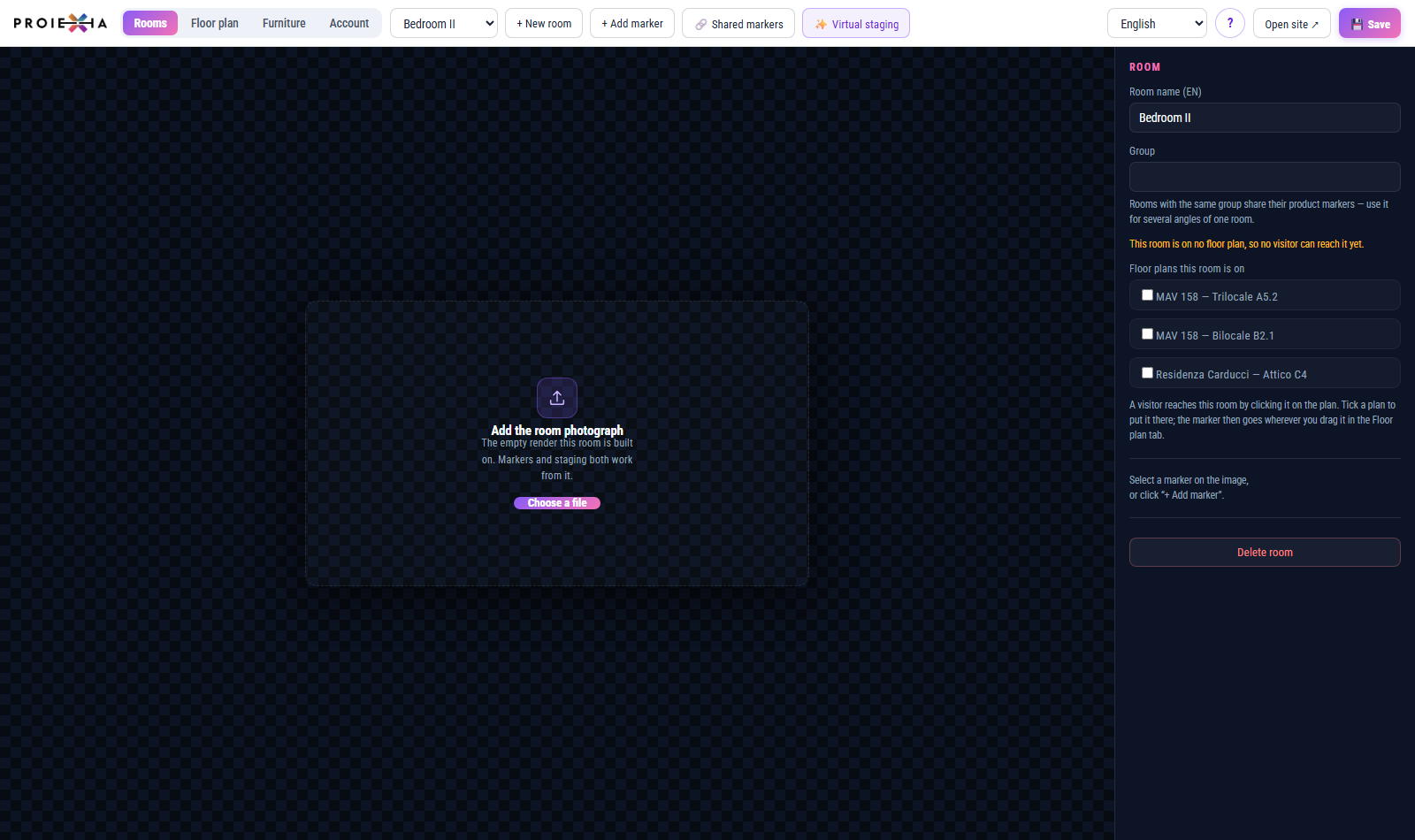 A new empty room showing the upload drop zone