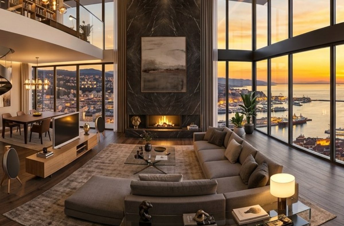 A living room presented with Realtix, overlooking the bay at sunset