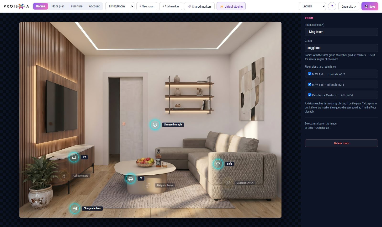 The Realtix editor, with the room list, the canvas and the marker panel
