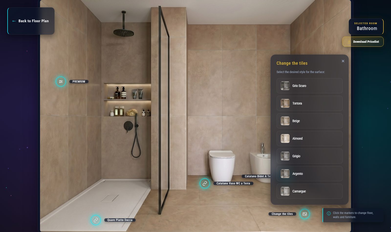 A Realtix presentation open on a room, with the material menu showing floor and wall options