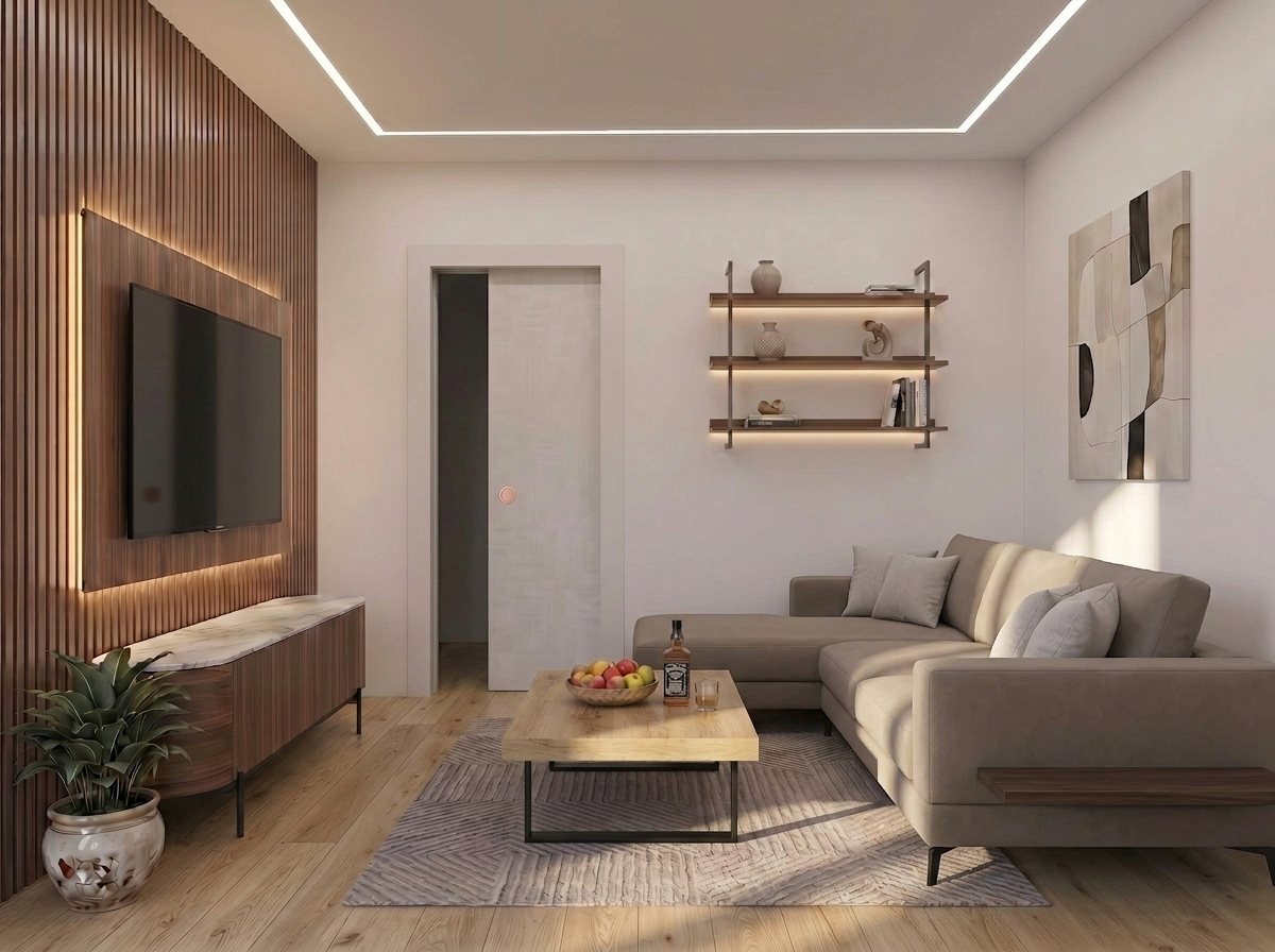 A living room furnished by the virtual staging feature