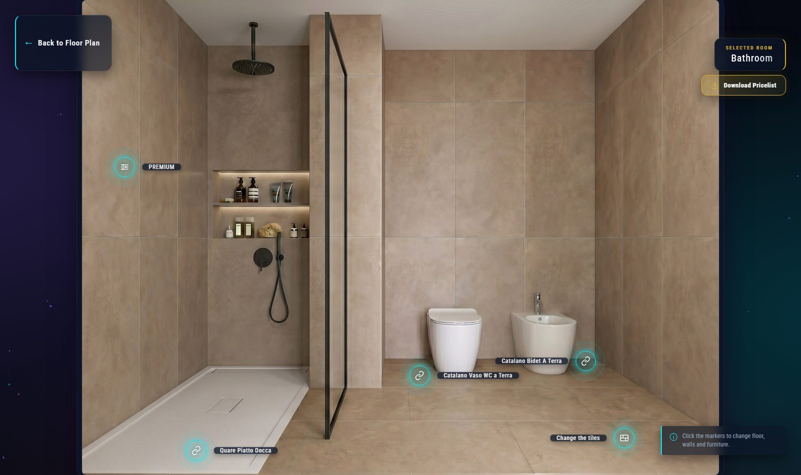 A room in a published presentation, with markers on the tiles, the shower and the sanitaryware