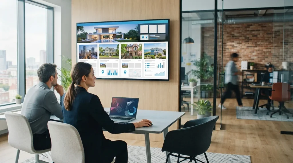 Digital property portfolio presentation tool displayed on a large screen in a modern real estate office.