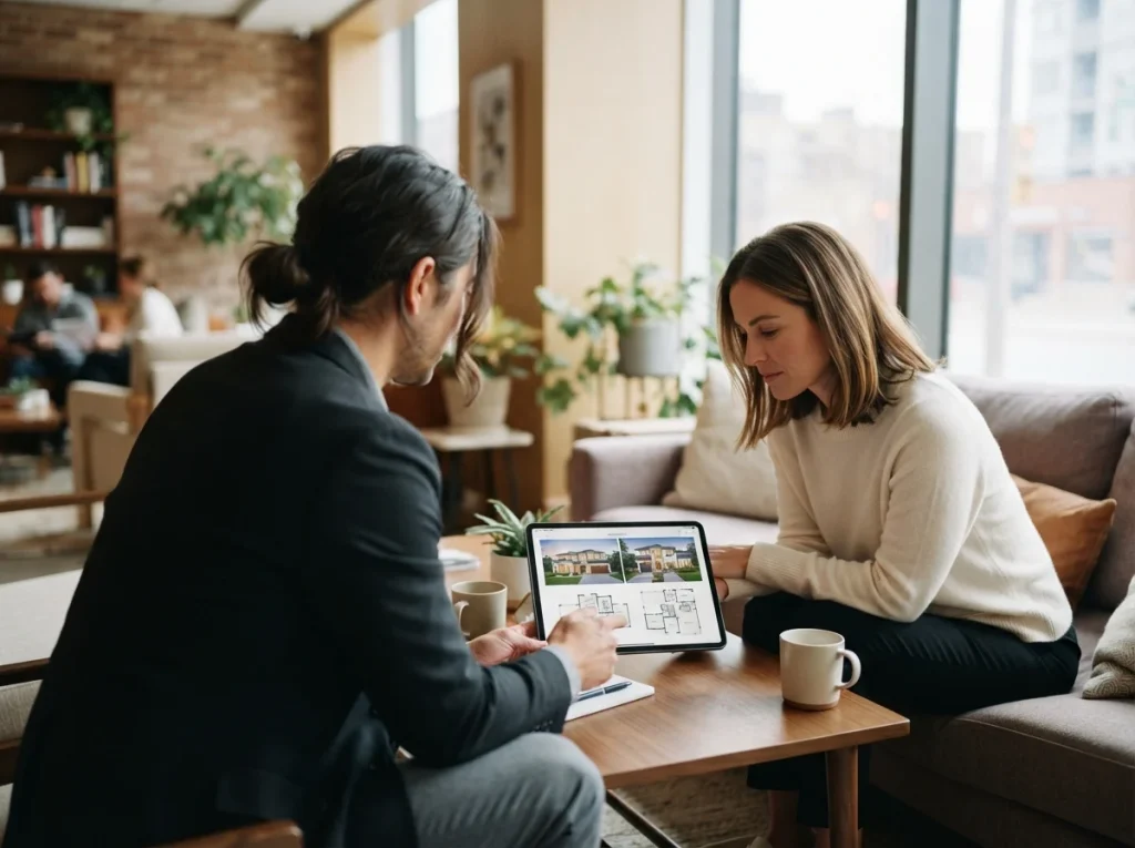 Real estate agent and client collaboratively viewing a property portfolio presentation on a tablet.