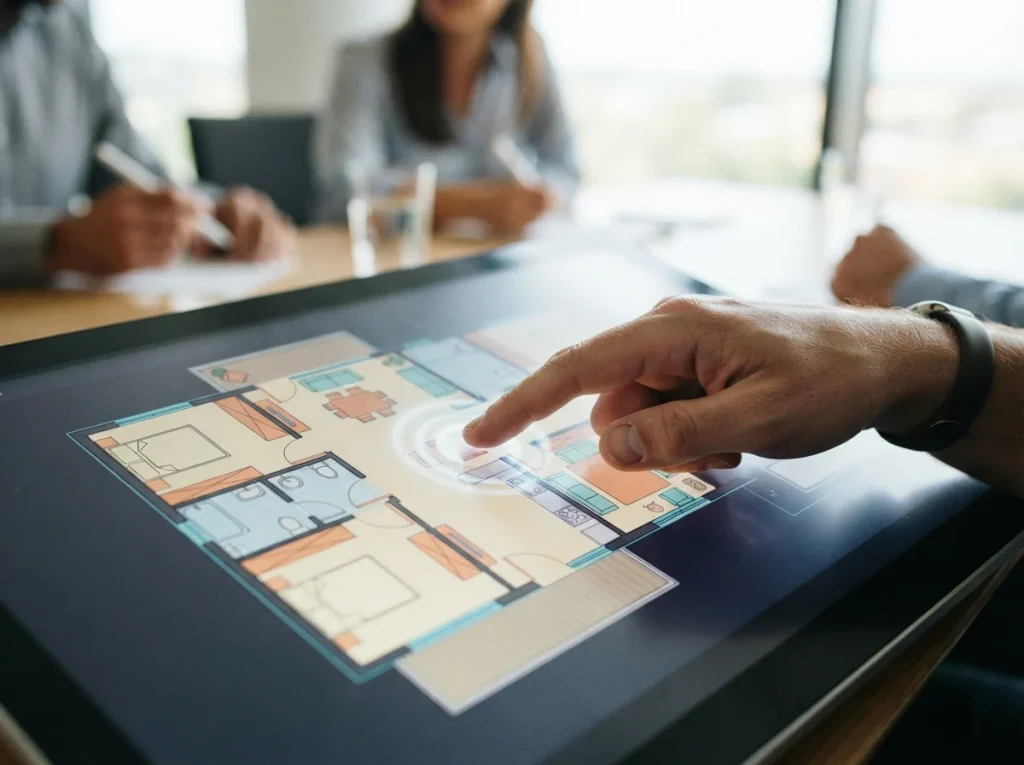 Finger interacting with a touch-screen interface of a property portfolio presentation tool.