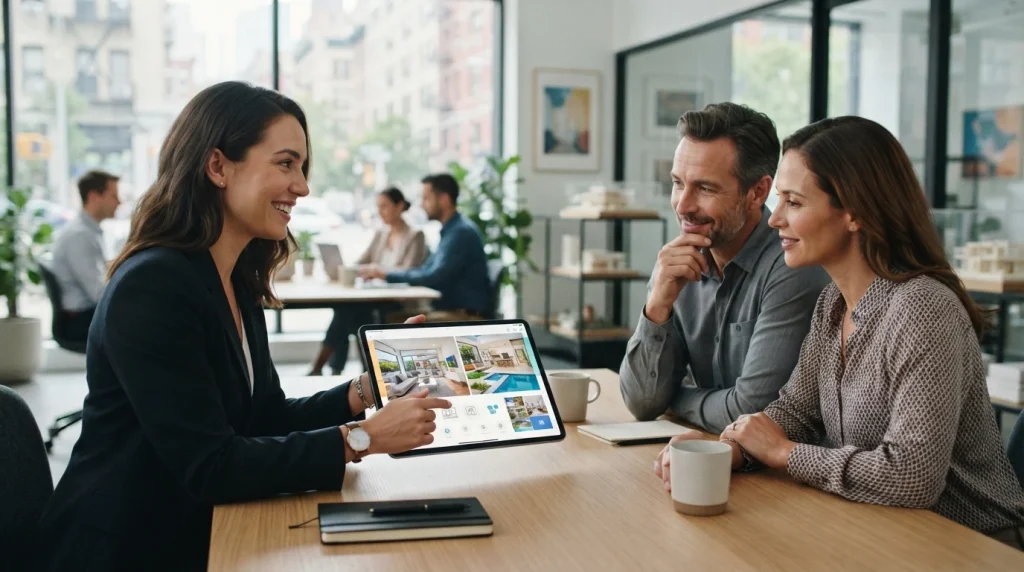Real estate agent presenting a digital property brochure on a tablet to clients in a modern office setting, showcasing real e