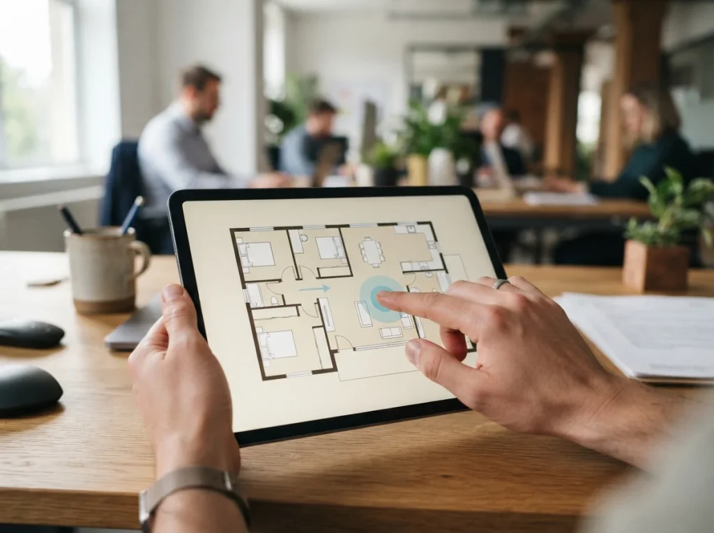 A hand interacting with an interactive floor plan within a digital real estate brochure on a tablet, demonstrating engaging d