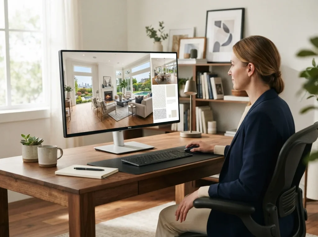 A vibrant digital property brochure displayed on a desktop monitor, showcasing high-quality images and branding, powered by r
