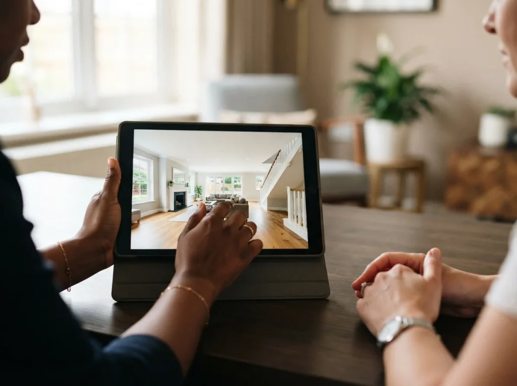 Estate agent using a tablet to showcase an interactive virtual property tour, powered by presentation software.