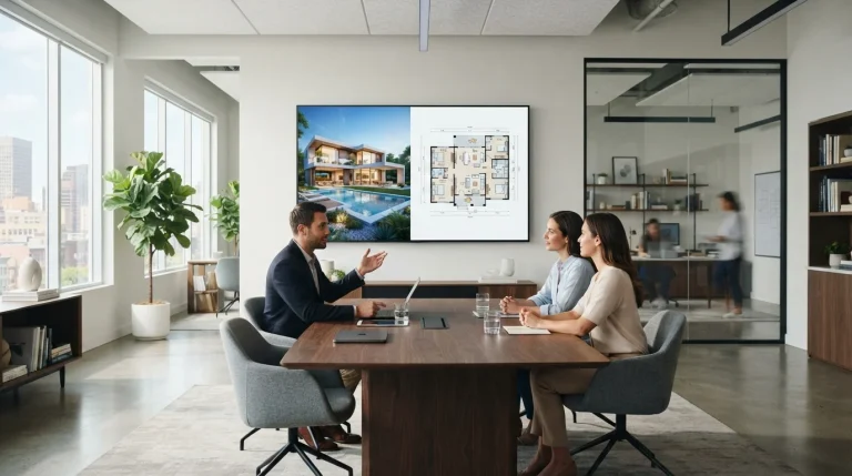 A large screen in a modern office displaying interactive software for estate agent presentations.