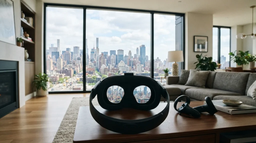 A VR headset on a coffee table in a modern living room, symbolizing virtual property presentation software.