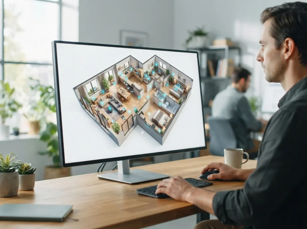 A large monitor displaying a detailed 3D floor plan with interactive hotspots, showcasing virtual property presentation softw
